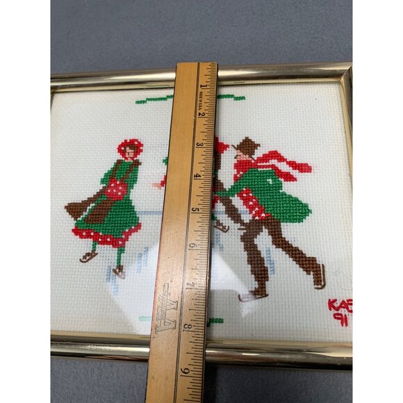 Vintage Framed Cross-Stitch Victorian Ice Skating Scene Signed KAB 1991 - Picture 7 of 9